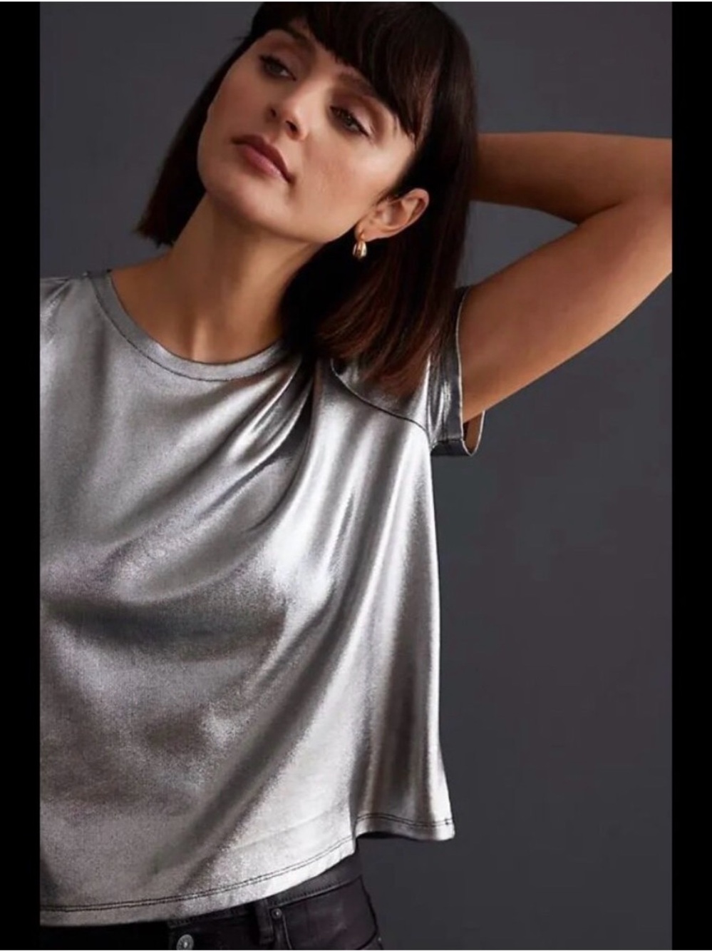 Anthropologie Porridge Women's Shine Glam Metallic Short Sleeve Tee in Silver
